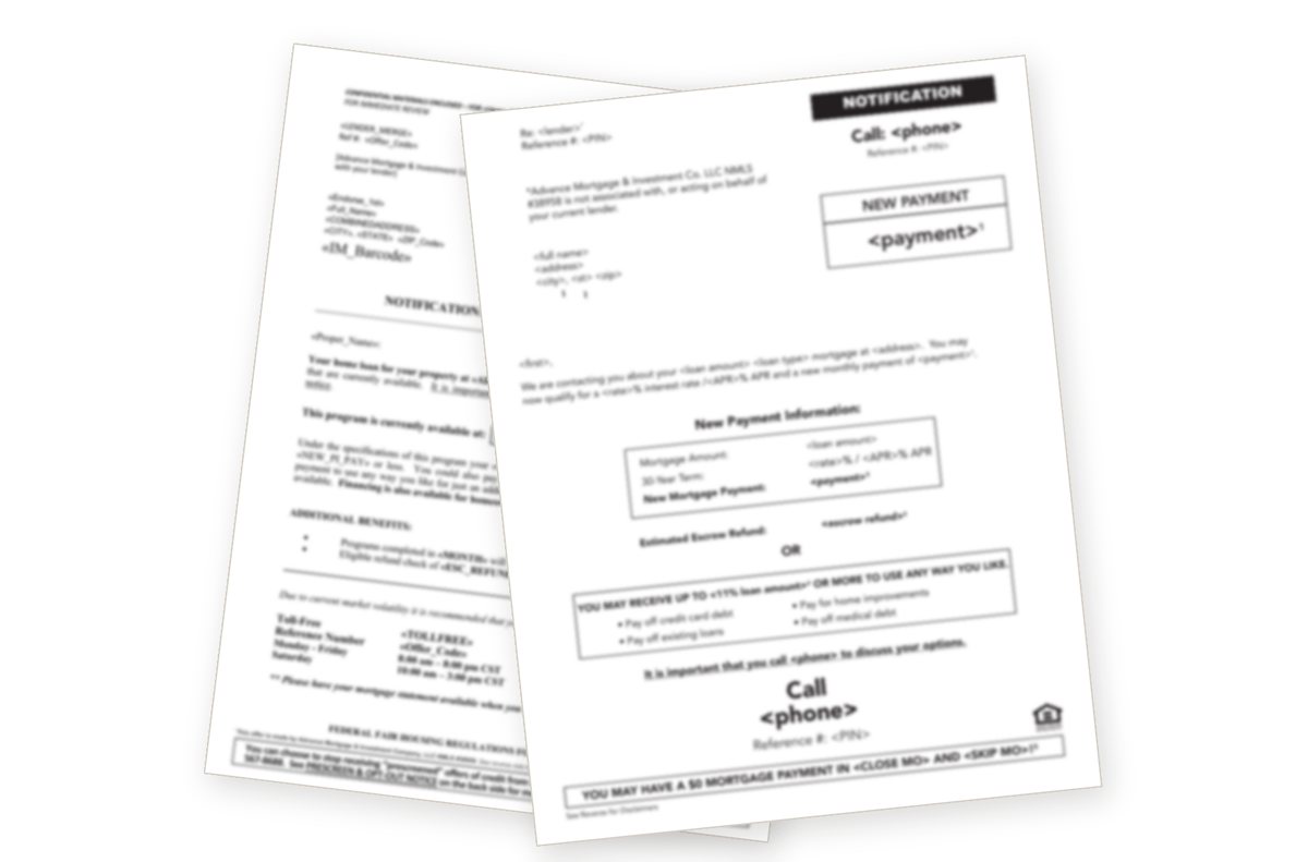The letters Advance Mortgage mails to homeowners, shown blurred for privacy